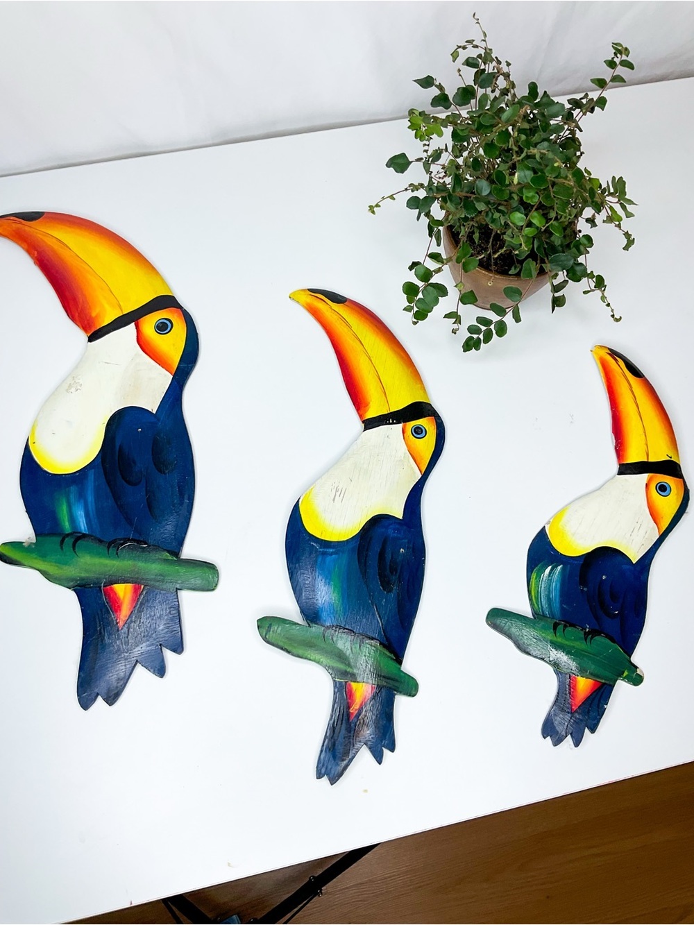 VINTAGE Hand-Painted Toucan Wall Art - Vibrant Yellow & Blue - Set Of 3